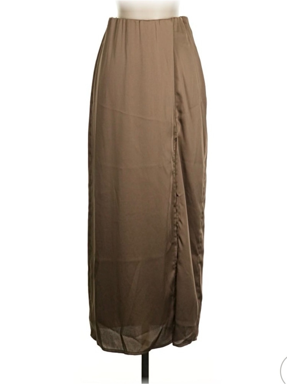 A New Day Brown Satin Midi Skirt Front Slit Elastic Waist Size Large L - Picture 2 of 6